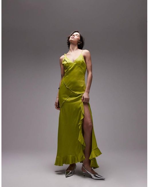 TOPSHOP Green Twist Shoulder Exposed Seam Midi Slip Dress