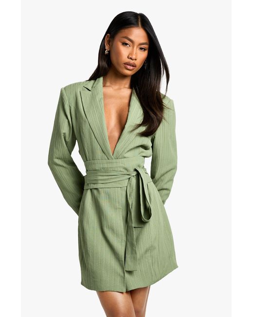 Boohoo Green Textured Tailored Belt Detail Blazer Dress