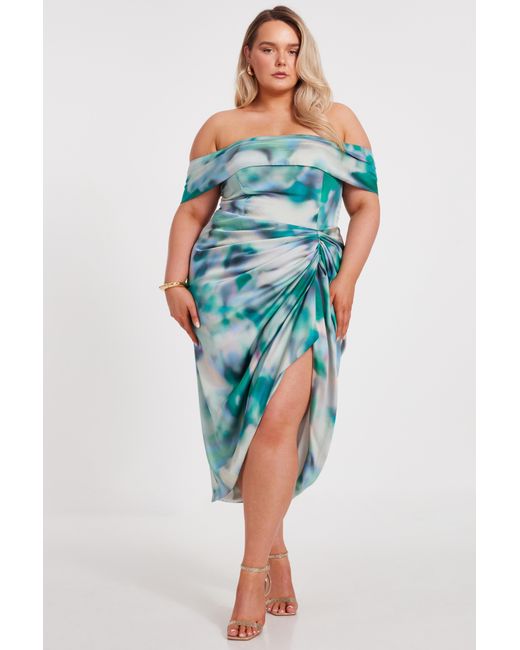 Quiz Blue Curve Satin Marble Print Midi Dress
