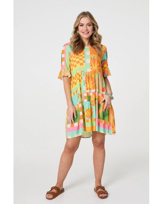Izabel London Yellow Tropical Tile Print Smock Dress