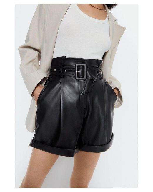 Warehouse White Belted Faux Leather High Waisted Short