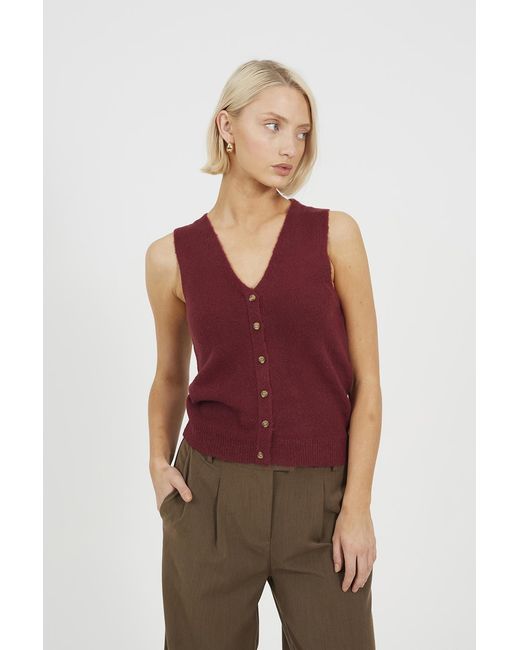 Brave Soul Red Mossy Yarn V-Neck Knitted Waistcoat
