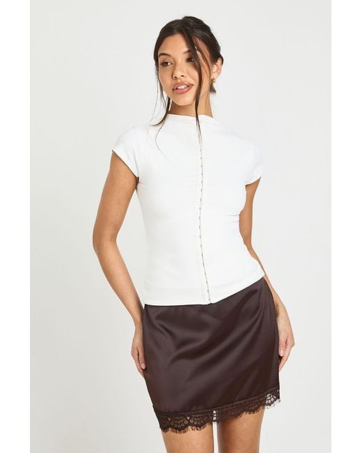 Boohoo White Lace Trim Satin Mini Skirt