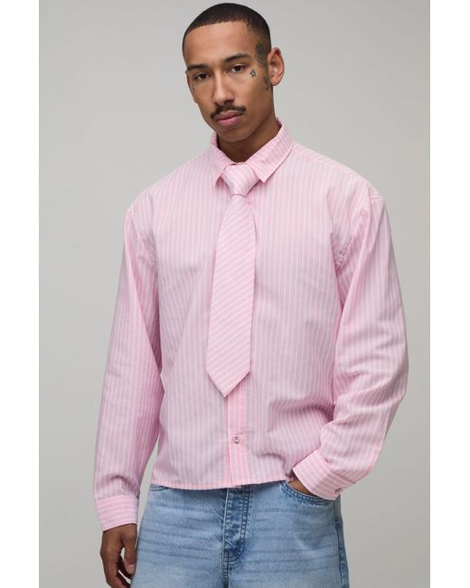 BoohooMAN Pink Oversized Boxy Stripe Shirt And Tie for men