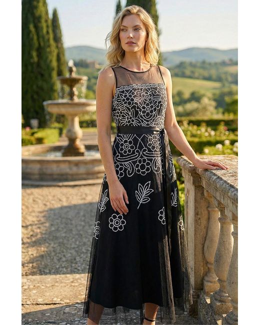 Roman Black Floral Embroidered Mesh Midi Dress