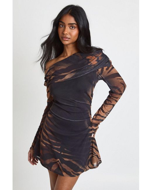 Boohoo Black One Shoulder Tonal Animal Print Mini Dress