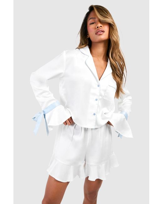 Boohoo White Bridal Something Long Sleeve Shirt & Shorts Pyjama Set