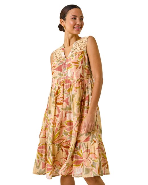 Roman Natural Leaf Print Lace Detail Smock Dress
