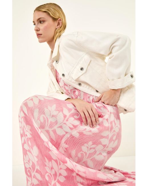 Roman Pink Leaf Print Crinkle Midi Dress