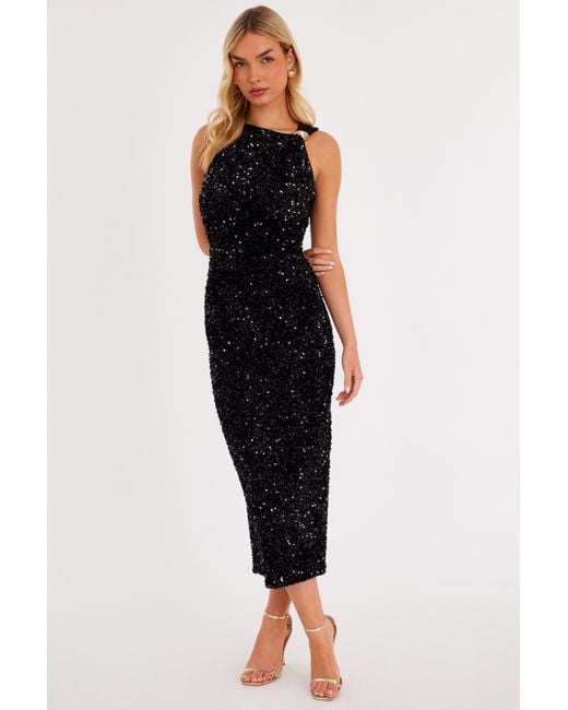 Quiz Black Petite Sequin Buckle Detail Midaxi Dress