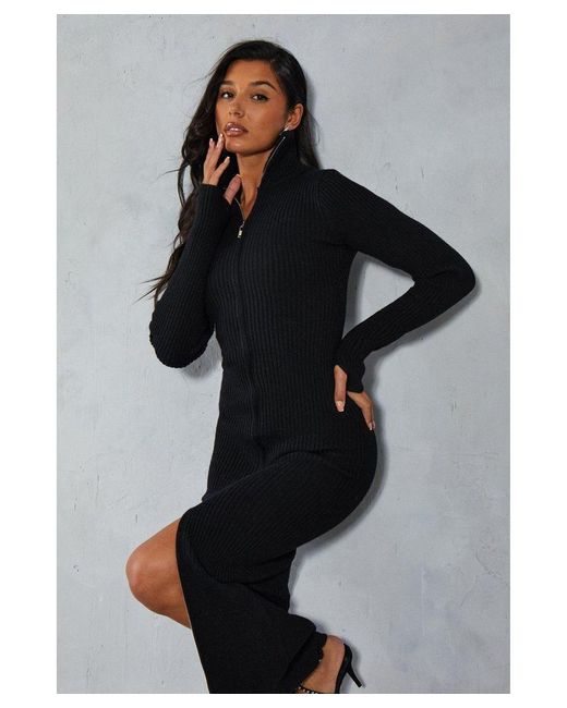 MissPap Gray Knitted Ribbed Zip Through Maxi Dress