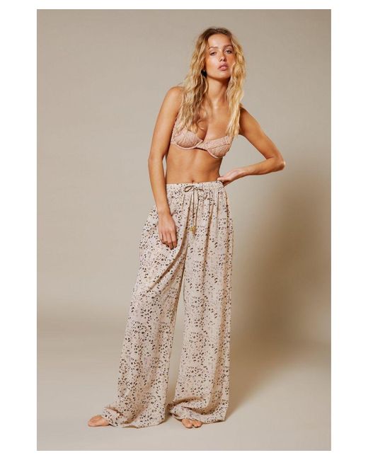 Warehouse Natural Georgette Animal Foil Wide Leg Trousers