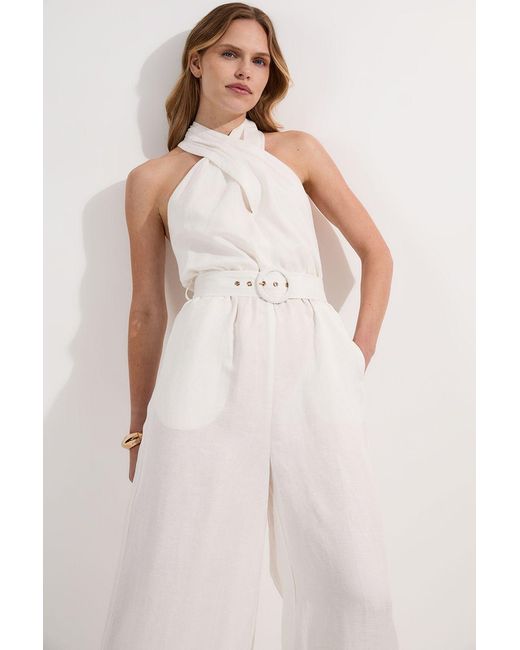 Karen Millen White Linen Viscose Cross Front Woven Belted Jumpsuit