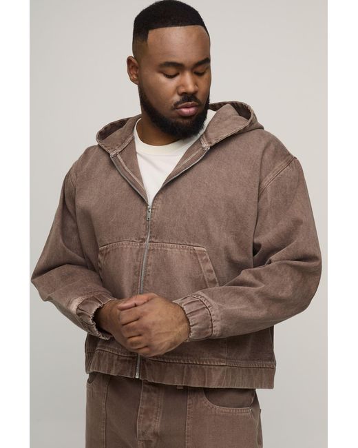 BoohooMAN Brown Plus Tinted Washed Denim Oversized Zip Up Hoodie