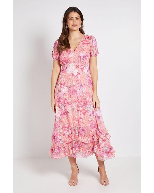 Wallis Pink Floral Satin Ruffle Hem Midaxi Dress