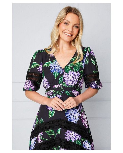 Wallis Black Floral Lace Insert Button Midi Dress