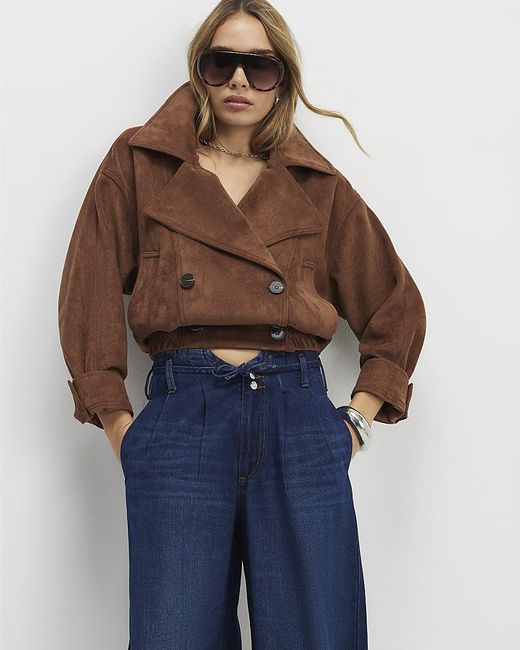 River Island Blue Wide Leg Jeans High Waisted Tie Detail Cotton