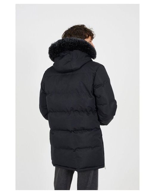 Brave Soul Blue Longline Padded Parka Jacket With Faux Fur Hood for men