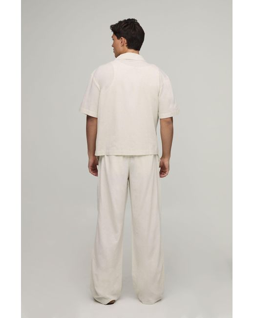 BoohooMAN Natural Wide Leg Linen Blend Embroidered Seam Trousers for men