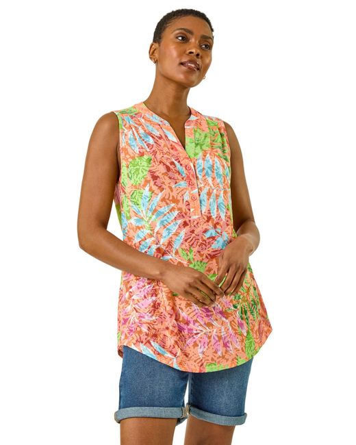 Roman Orange Burnout Leaf Print Vest Top