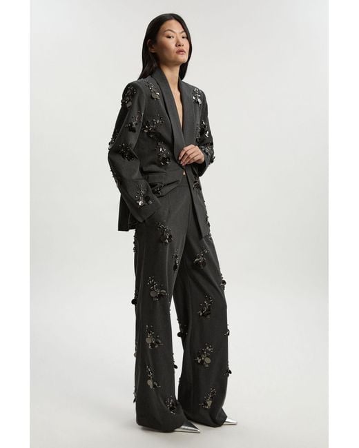 Karen Millen Blue Petite Cluster Sequin & Crystal Embellished Tailored Wide Leg Trouser