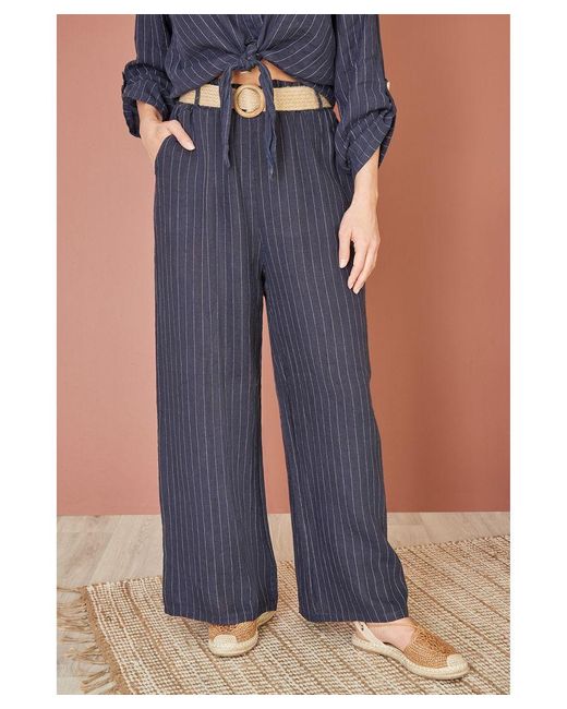 Yumi' Blue Striped Italian Linen Wide Leg Trousers With Belt