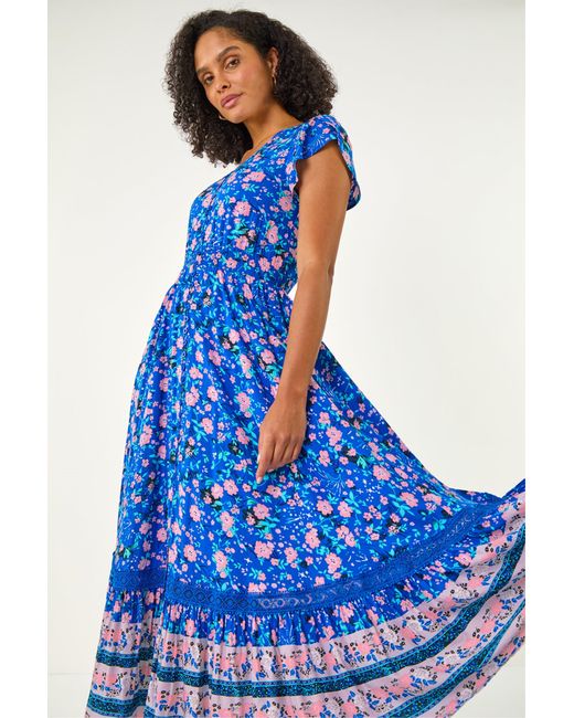 Roman Blue Floral Border Print Midi Dress
