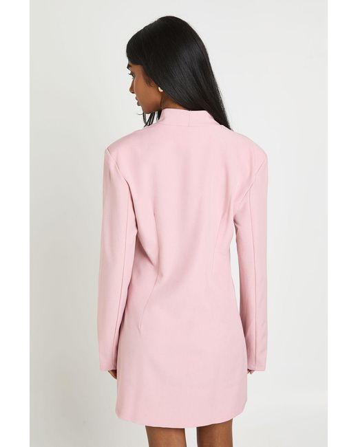 Boohoo Pink Tailored Shoulder Pad Deep V Neck Button Down Blazer Dress