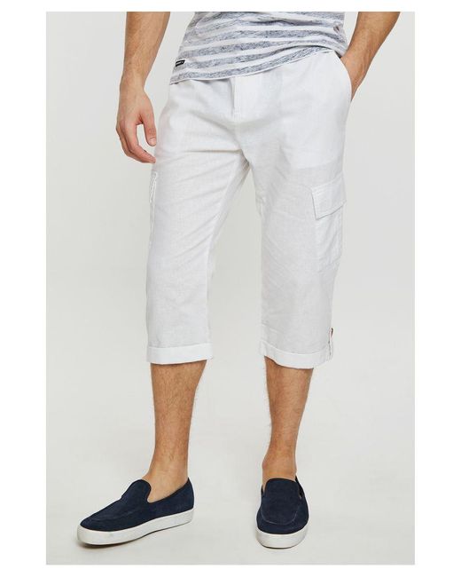 Threadbare White 'Timberlake' 3/4 Length Linen Blend Pull On Cargo Trousers Cotton for men