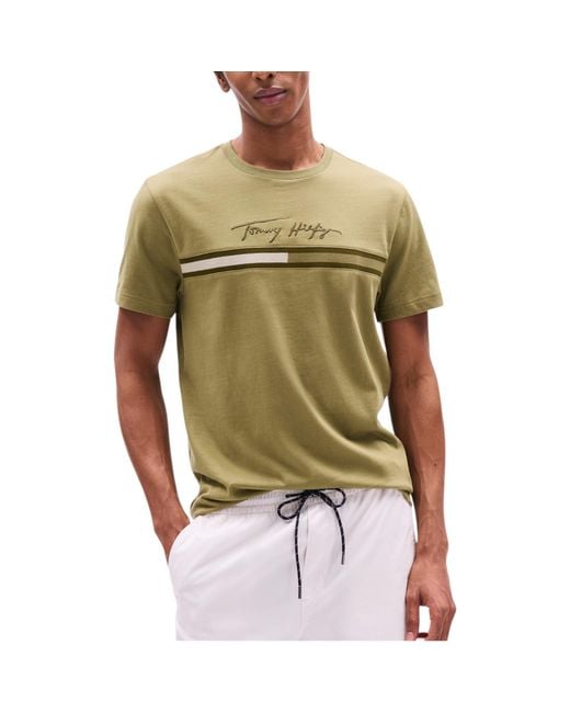 Tommy Hilfiger Green T Shirts Signature Tonal Flag Logo Summer Cotton Tino Tee for men
