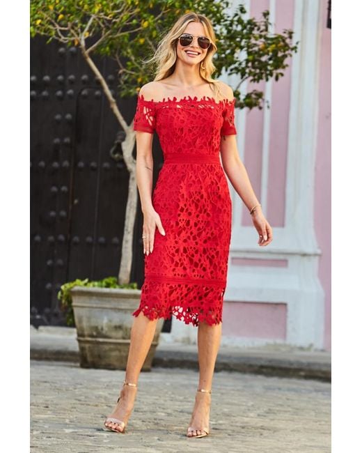 Sosandar Red Premium Body-Sculpting Lace Bardot Dress