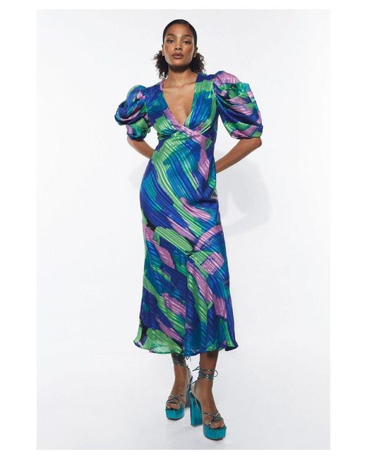 Warehouse Blue Abstract Print Jacquard Puff Sleeve Maxi Dress