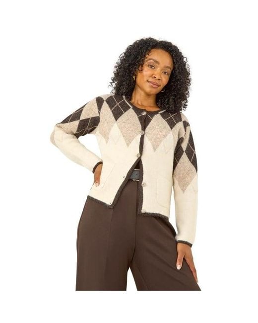 Roman Brown Petite Buttoned Argyle Knit Cardigan
