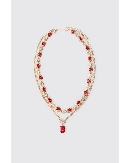 BoohooMAN White Gem Pendant Mock Pearl Layered Chain Necklace for men