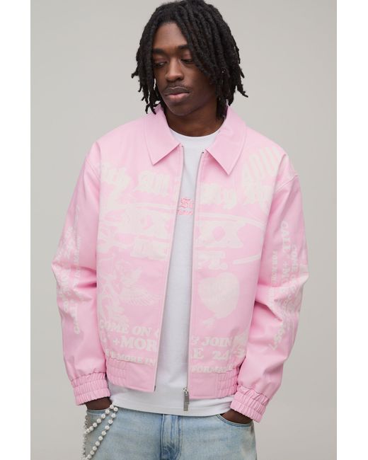 BoohooMAN Pink Boxy Fit Pu Printed Graphic Varsity Jacket for men