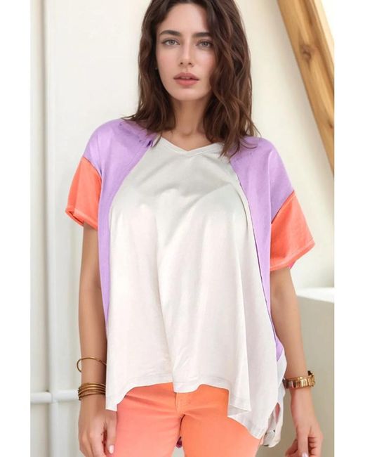 Everyday the Label Dames Color Block Patchwork V-hals Exposed Seam Hoge Laag T-shirt in het Red