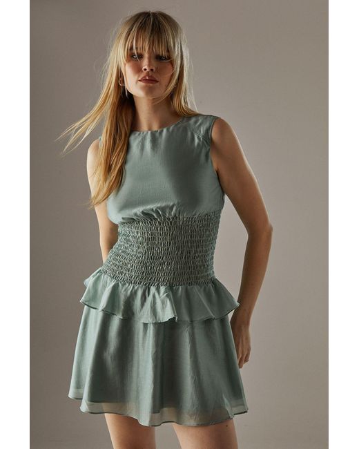 Warehouse Green Organza Shirred Waist Sleeveless Mini Dress