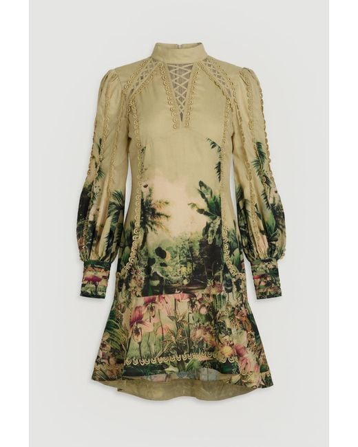 Karen Millen Green Botanical Print Woven High Neck Mini Dress