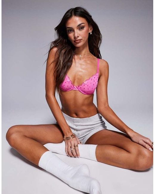 ASOS Purple Roxy Spot Mesh Underwired Bra With Heart Details