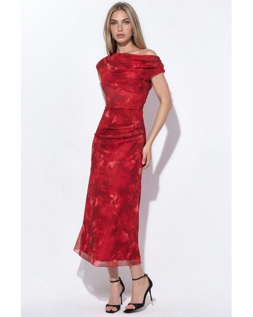 Hiccup Red Patterned Lined Tulle Knit Midi Dress