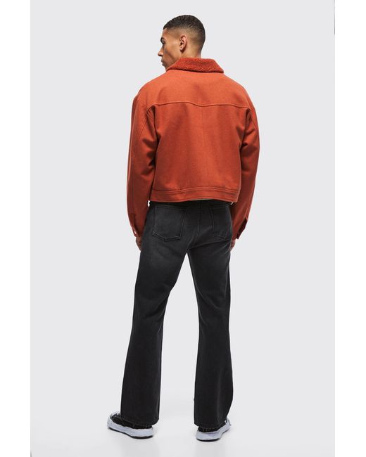 BoohooMAN Red Boxy Borg Collar Harrington Jacket In Rust for men