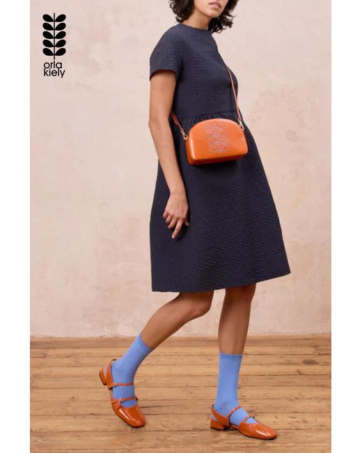 Orla Kiely Blue Leather Crossbody Bag With Adjustable Strap And Stitch Detail