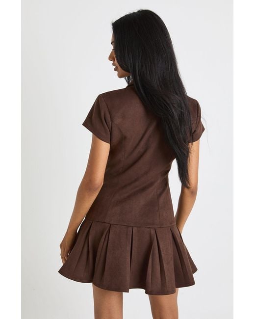 Boohoo Brown Faux Suede Pleated Hem Mini Dress