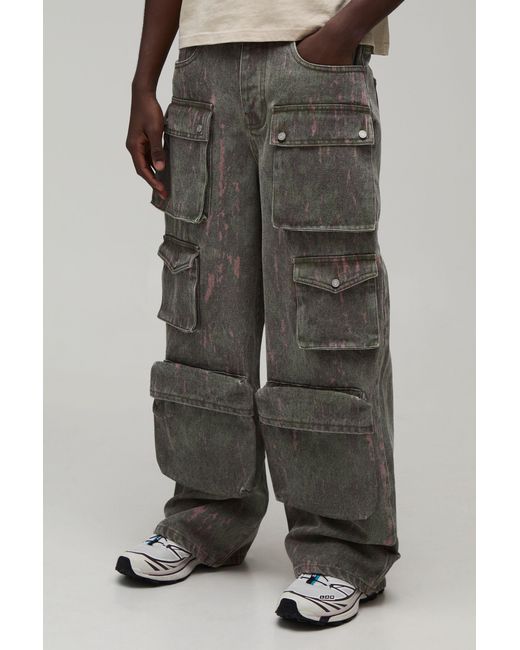 BoohooMAN Gray Printed Washed Baggy Cargo Jeans for men