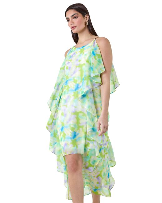 Ariella Green Abstract Chiffon Ruffle Detail Midi Dress