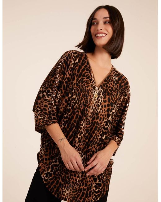 Blue Vanilla Brown Zip Front Leopard Diamante Tunic Top