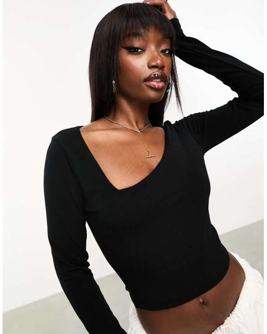 ASOS Black Cotton Asymmetric Scooped Neck Long Sleeved Crop Top