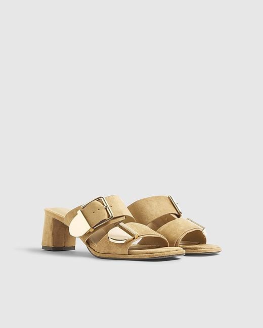 River Island Natural Mule Sandals Faux Suede Double Buckle Pu