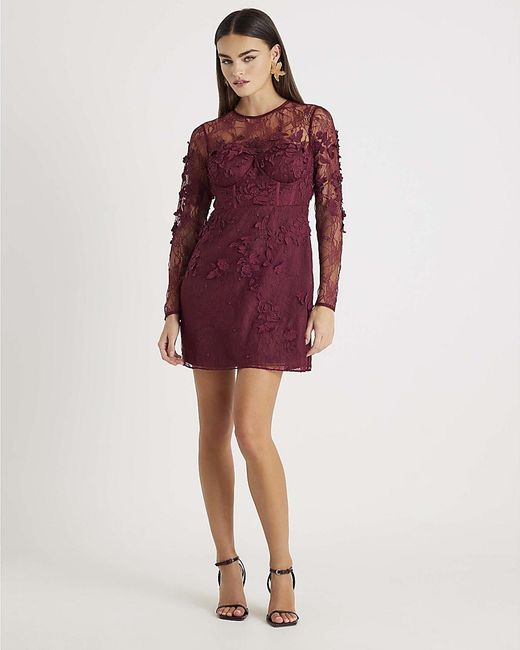 River Island Red Mini Dress Lace Long Sleeve Embellished