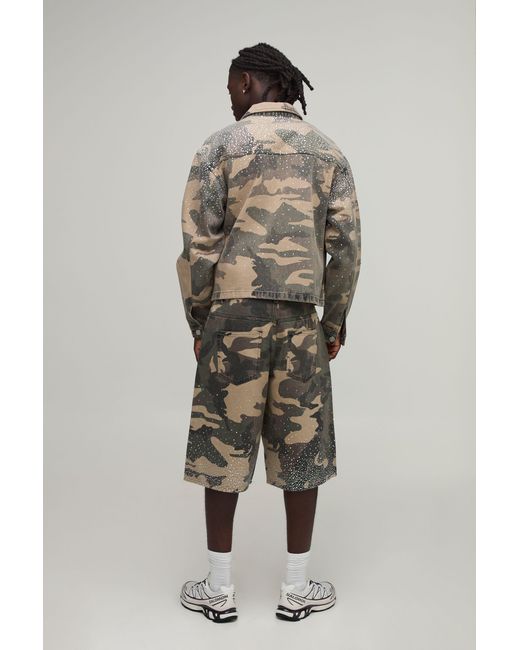 BoohooMAN Green Camo Washed Relaxed Fit Rhinestone Co-Ord Jorts for men